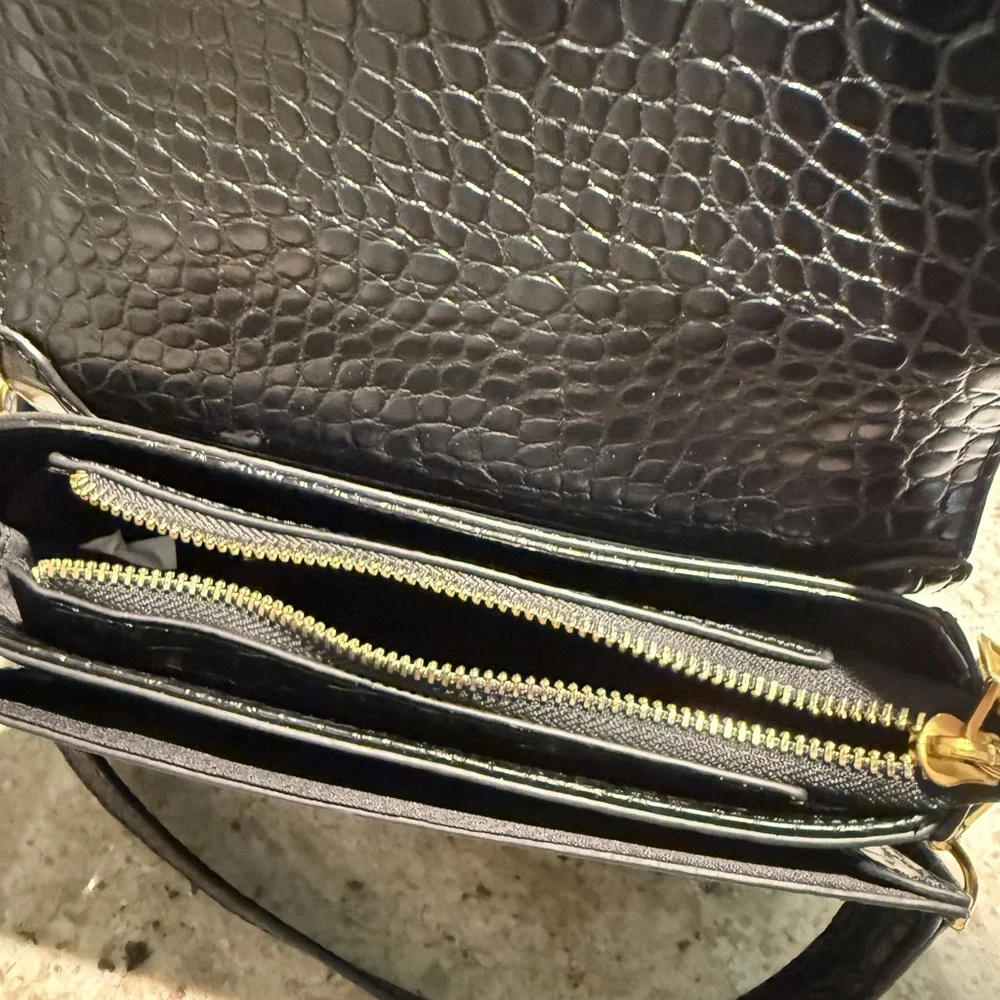 Black Croc-Embossed Crossbody Bag with Gold Accents - Picture 8 of 8